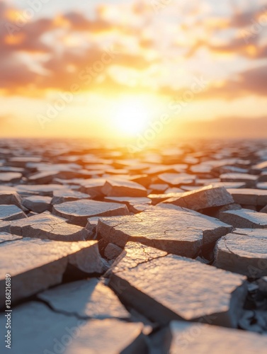 A stunning sunset illuminates cracked earth, showcasing the beauty and harshness of a dry landscape, highlighting nature's resilience and vulnerability.