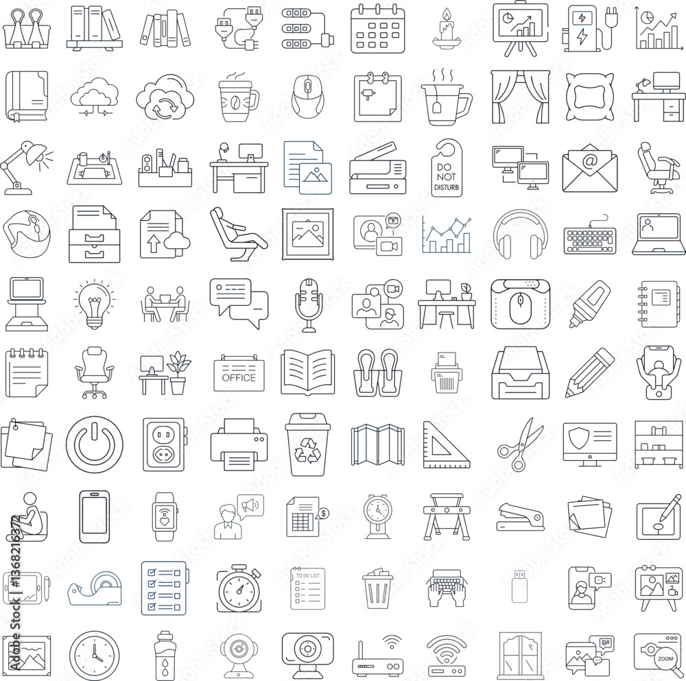 Home Office Icon Set in Minimalistic Style on White Background Home Office Icon Set in Minimalistic Style on White Background