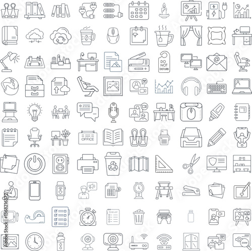 Home Office Icon Set in Minimalistic Style on White Background  