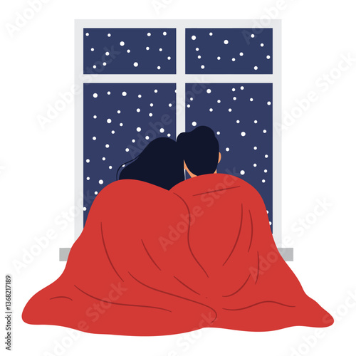 Cozy couple enjoying a winter evening with red blanket in flat vector art