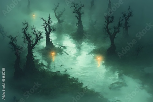 An isometric foggy swamp with twisted trees and eerie lights, creating a mysterious and haunting environment deep within the marshes