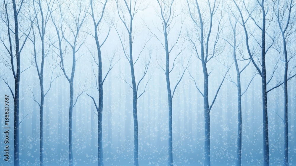 Fototapeta premium Peaceful Snowfall in a Quiet Forest with Snowflakes Gently Landing on Branches