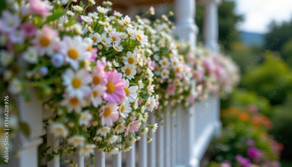 Obraz premium Intricate garlands of daisies and baby's breath hang from the railings, swaying gently in the soft breeze.