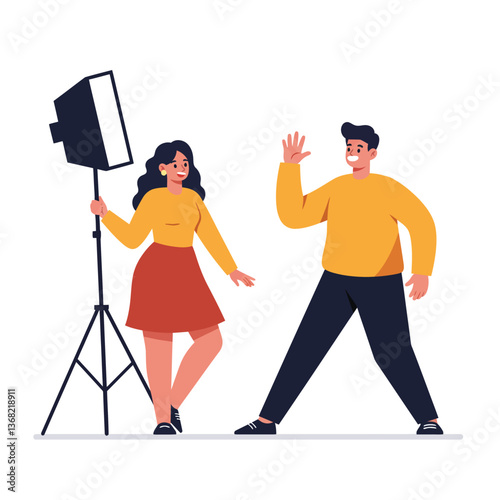 Two people posing in a studio with lighting, flat design vector art
