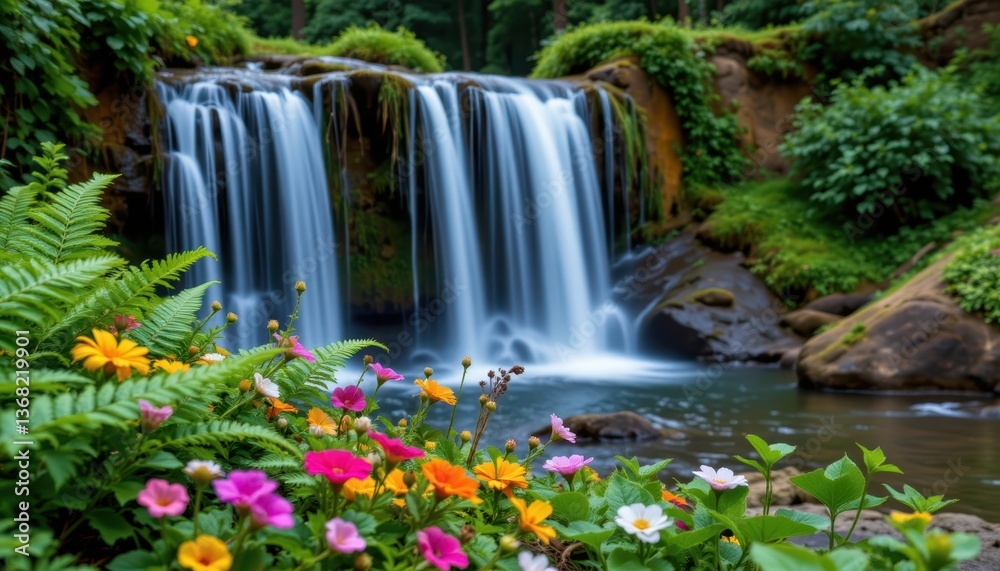 Obraz premium Lush ferns and vibrant wildflowers line the edges of the waterfall, adding a pop of color to the serene green landscape.
