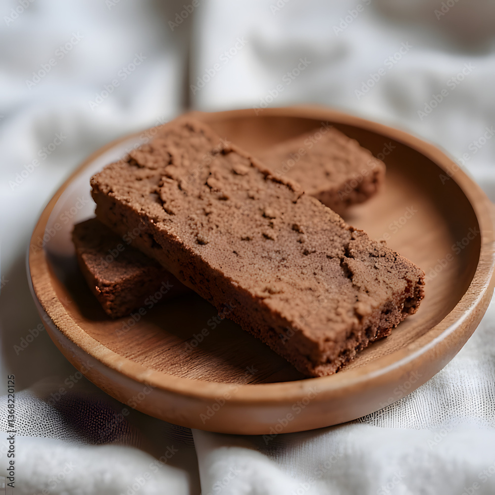 Two pieces of chocolate fudge dusted with cocoa powder on a wooden plate, resting on a light cloth. A rustic and cozy presentation with rich textures Two pieces of chocolate fudge dusted with cocoa powder on a wooden plate, resting on a light cloth. A rustic and cozy presentation with rich textures