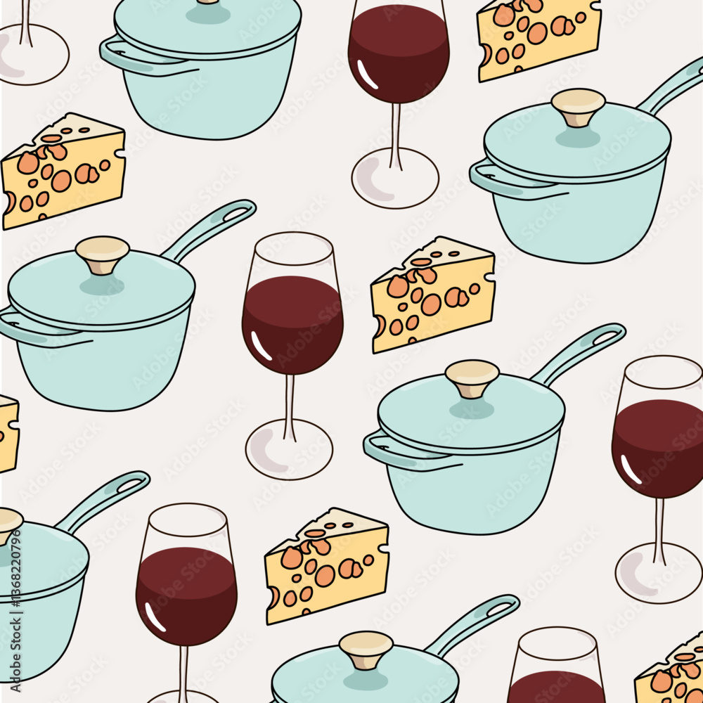 Pastel Wine Glass, Cooking Pot and Cheese Pattern Illustration