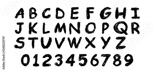 English alphabet and numbers 0-9, hand-drawn in a black wax crayon or chalk style on a board. Highlighter effect, perfect for kindergarten drawing, learning, and creative design. Vector illustration