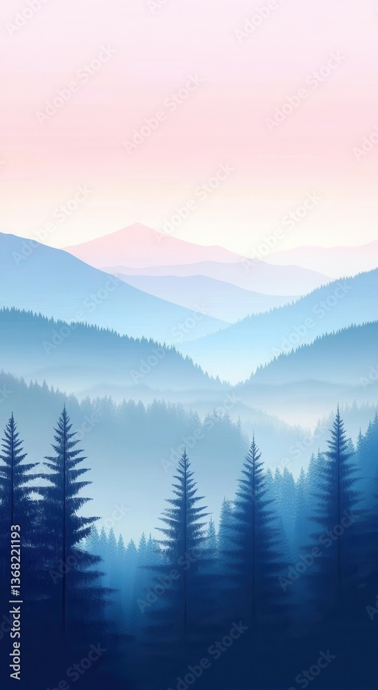 Obraz premium Beautiful misty morning landscape with a foggy forest, mountains, and sky background, phone wallpaper