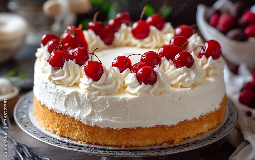 A cake with white frosting and red cherries on top A cake with white frosting and red cherries on top