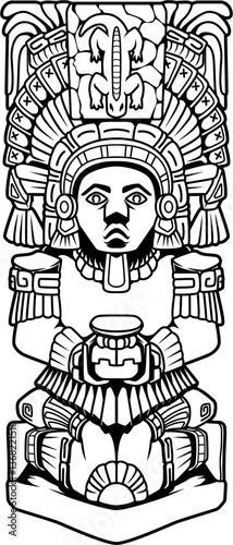 Aztekische Figur mit kunstvollen Verzierungen, traditioneller Kopfbedeckung und symbolischer Haltung, isoliert auf weißem Hintergrund.