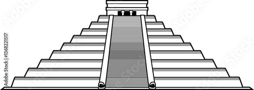 Stufenpyramide im Stil der Maya oder Azteken, mit zentraler Treppe und Tempelstruktur, isoliert auf weißem Hintergrund.
