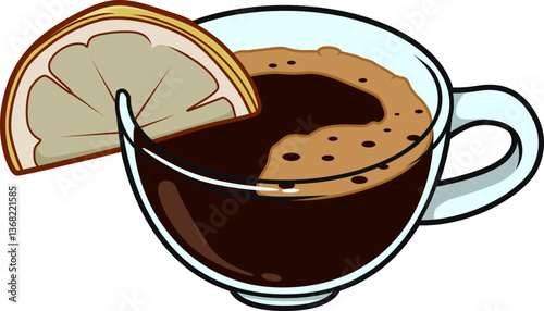 Espresso Romano mit Zitronenscheibe in einer Glastasse serviert, aromatisch und erfrischend, isoliert auf weißem Hintergrund.