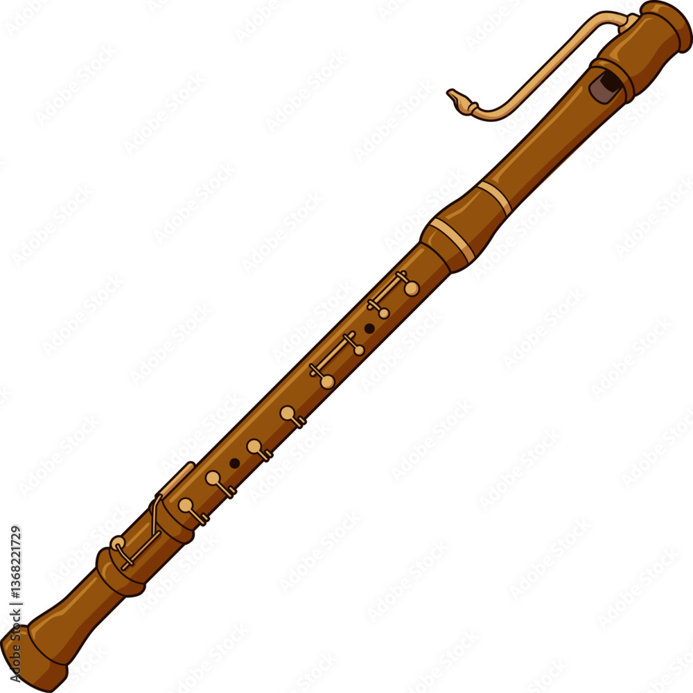 Fototapeta premium Großbassblockflöte aus Holz mit gebogenem Blasrohr und Klappenmechanik, ideal für Ensembles, Barockmusik und musikalische Illustrationen.