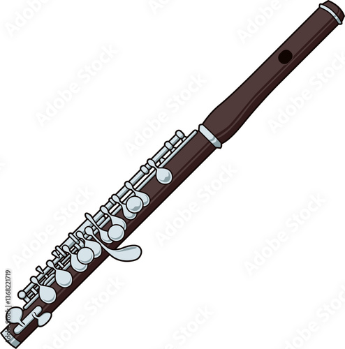 Kleine Holzquerflöte mit silbernen Klappen, detailreich dargestellt und isoliert auf weißem Hintergrund.