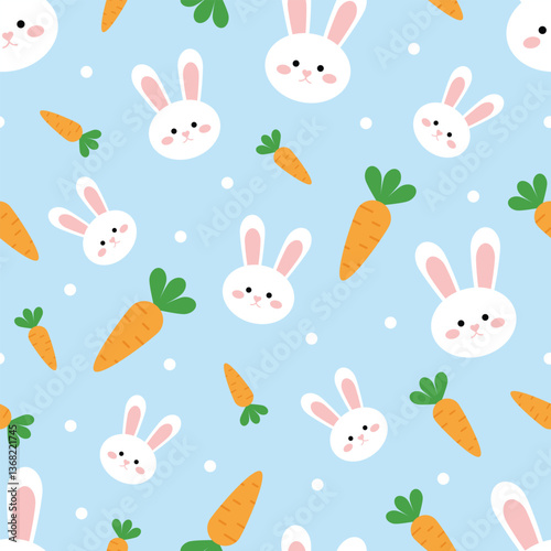 Seamless pattern with cute white Easter bunnies and carrots