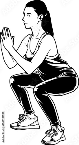 Frau in der Hocke bei einer Tabata-Übung in Sportkleidung, konzentriert und aktiv. Ideal für Fitness- und Trainingsillustrationen.