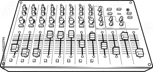 Schwarz-weiße Darstellung eines Mischpults mit Reglern und Fadern, ideal für Musikproduktion, Tontechnik und Veranstaltungsdesigns.
