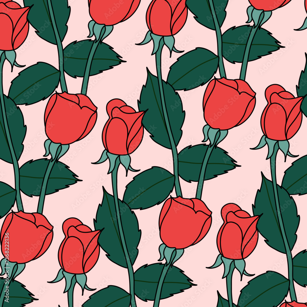 Red Roses Pattern on a Pink Background Vector Illustration