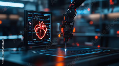 robotic arm is 3D printing human heart in futuristic laboratory setting, showcasing advanced medical technology and innovation. scene is illuminated with blue and red glow
