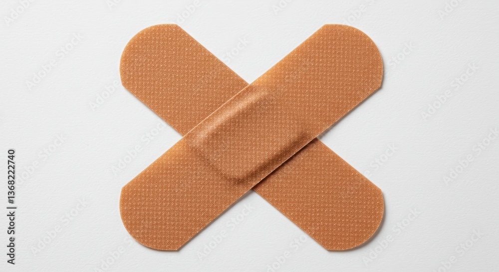 Crossed adhesive bandages on white background for first aid and healthcare concepts Crossed adhesive bandages on white background for first aid and healthcare concepts