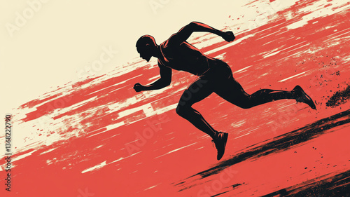 Silhouette sprinting across the finish line, illustration style, red tone