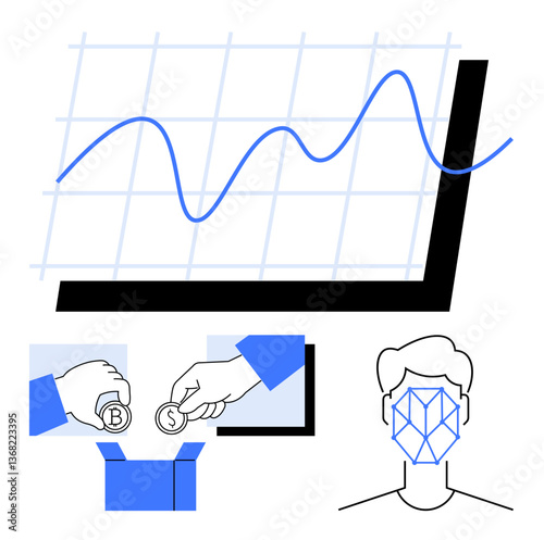 Line graph indicating financial growth, face recognition technology, and the exchange of cryptocurrency represented by Bitcoin and dollar coin. Ideal for finance, technology, blockchain, security