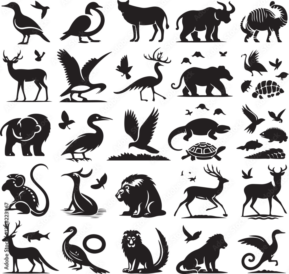 Fototapeta premium A set of animal silhouettes and icons including horse, elephant, bear, dog, cat, tiger, lion, deer, goat, cow, bird, giraffe, pig, and other mammals