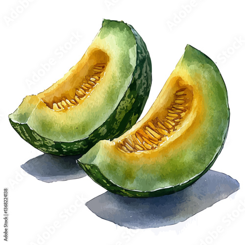 A watercolor of a galia melon, isolated on a white background. Galia melon vector.

