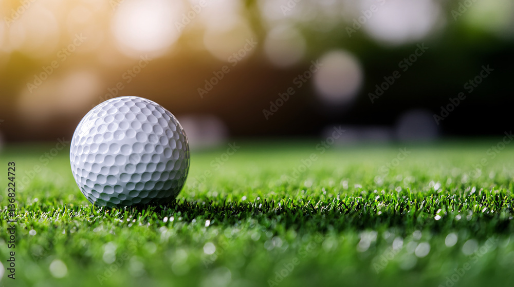 Obraz premium golf ball rests on vibrant green grass, illuminated by warm sunlight, creating serene and focused atmosphere perfect for day on course