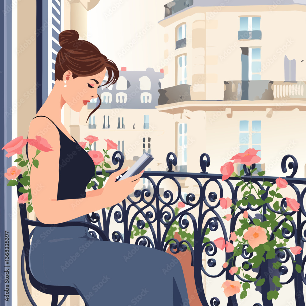 Charming Afternoon Woman Relaxing on a Floral Balcony Charming Afternoon Woman Relaxing on a Floral Balcony