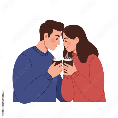Couple sharing warm drinks in cozy setting flat vector illustration