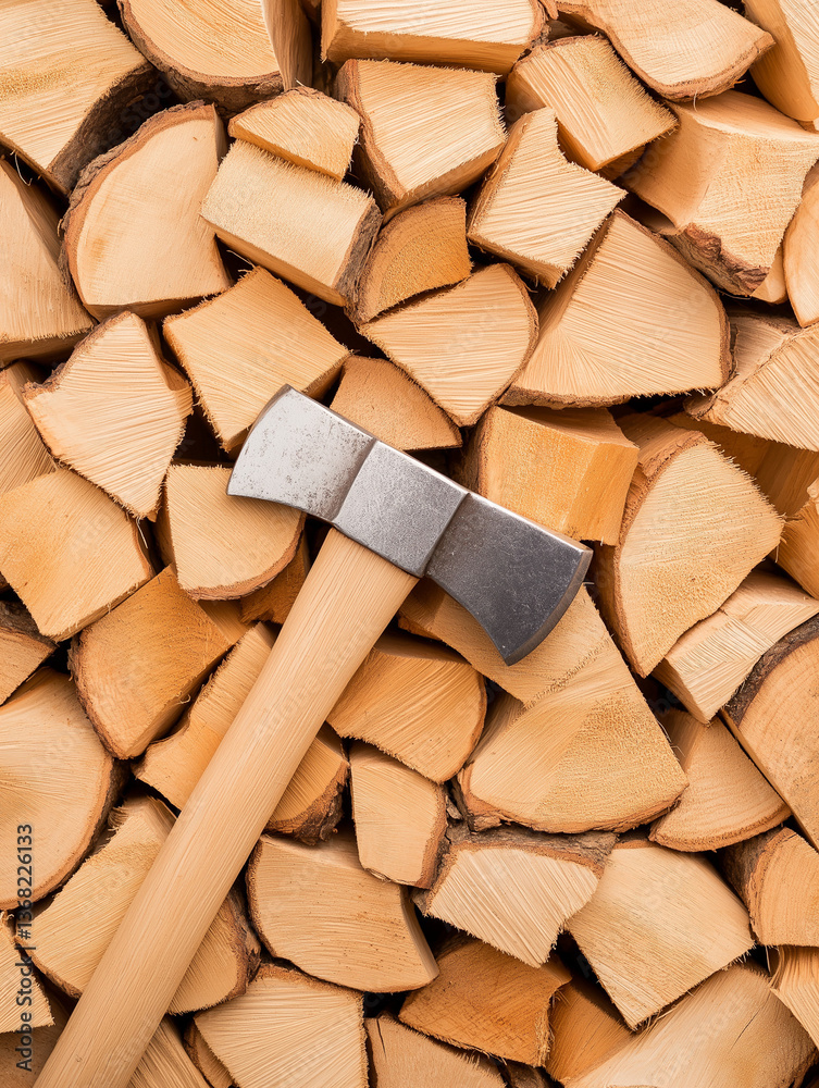 Fototapeta premium Neat Stacking: An axe rests atop a perfectly stacked pile of freshly split firewood. Capturing the essence of preparation, warmth, and rustic charm.
