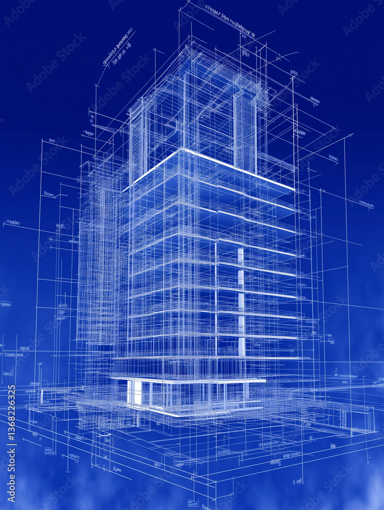 Architectural Blueprint: A detailed blueprint of a modern building against a rich blue backdrop, showcasing the intricate network of lines and structures that define its design. Architectural Blueprint: A detailed blueprint of a modern building against a rich blue backdrop, showcasing the intricate network of lines and structures that define its design.