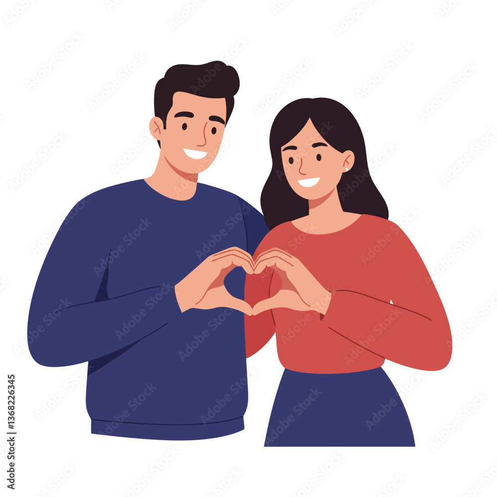 Fototapeta premium Couple forming heart shape with hands in flat design vector art