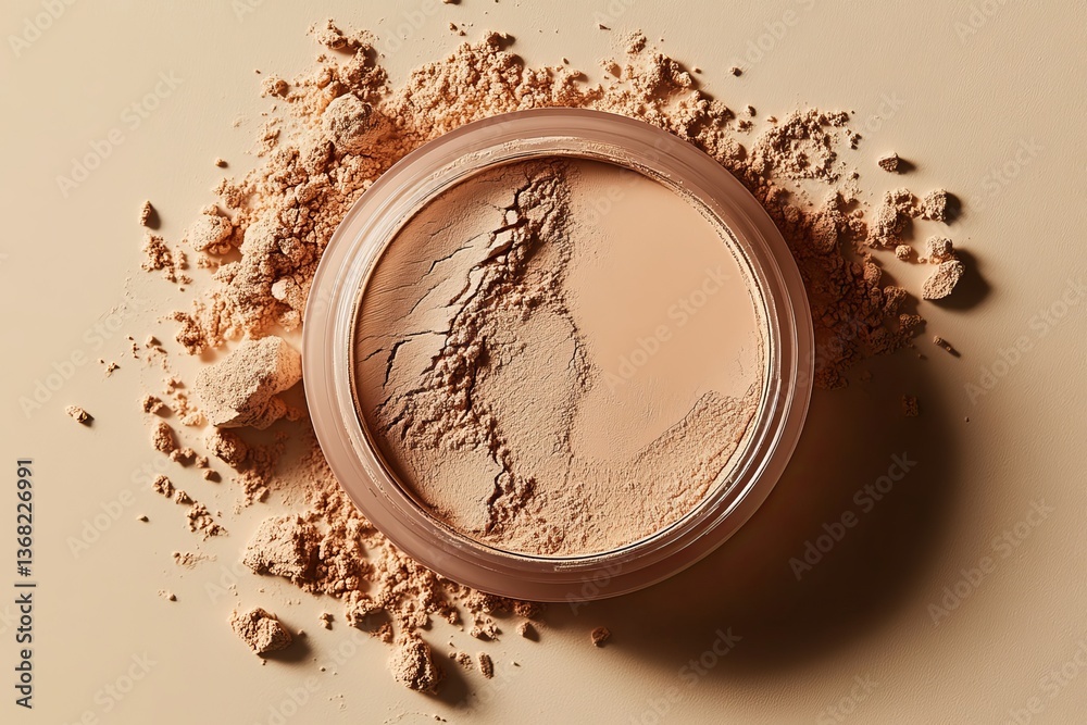 cracked compact powder with loose dust scattered on beige background for natural beauty and makeup concept