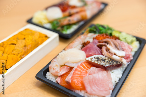 Japanese sashimi take away with seafood varieties