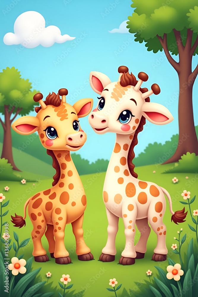 Naklejka premium Two adorable giraffes with soft fluffy 