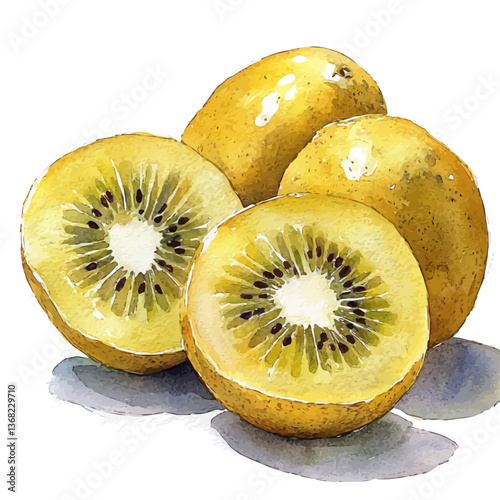 A watercolor of a gold kiwi, isolated on a white background. Gold kiwi vector.

