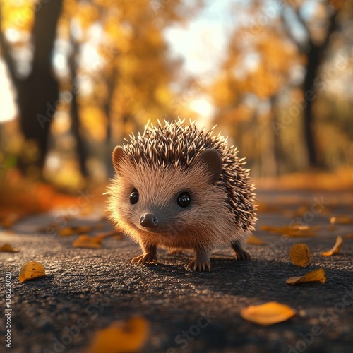 Autumnal Amble: A Charming Hedgehog Strolls Through a Forest Path Littered with Golden Leaves on a Sunny Fall Day.
