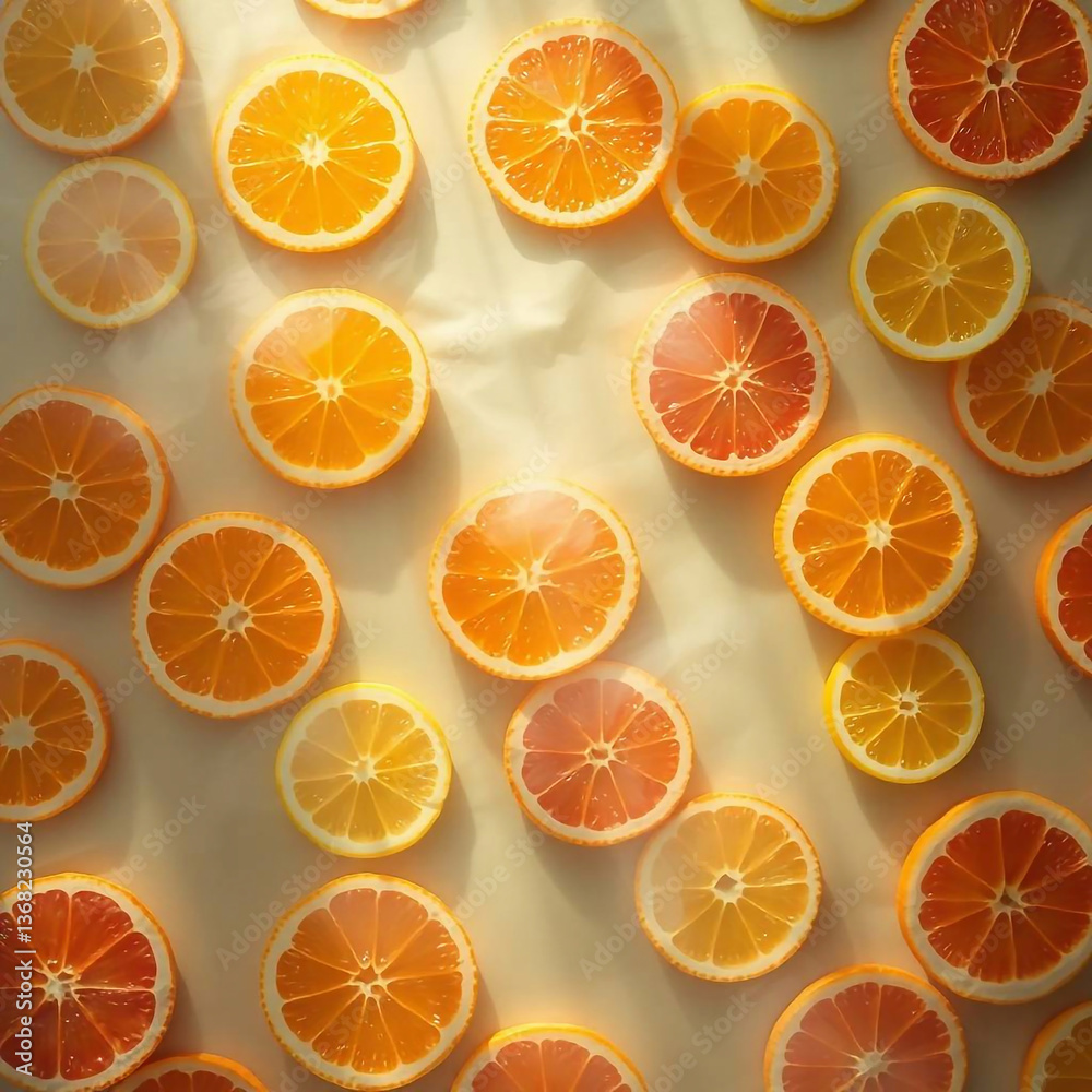 Volumetric lighting illuminates a seamless pattern of orange, lemon, and grapefruit slices on a summer background. Unusual art photography style, warm soft dreamy atmosphere, smoky soft light, soft co Volumetric lighting illuminates a seamless pattern of orange, lemon, and grapefruit slices on a summer background. Unusual art photography style, warm soft dreamy atmosphere, smoky soft light, soft co
