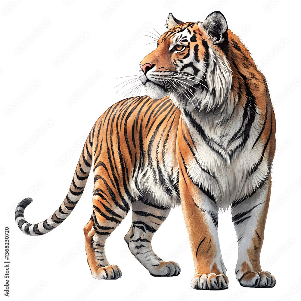 Obraz premium Majestic Bengal Tiger: This eye-catching depiction captures the regal posture and iconic orange and black stripes of a Bengal tiger, emphasizing its imposing presence and vibrant beauty