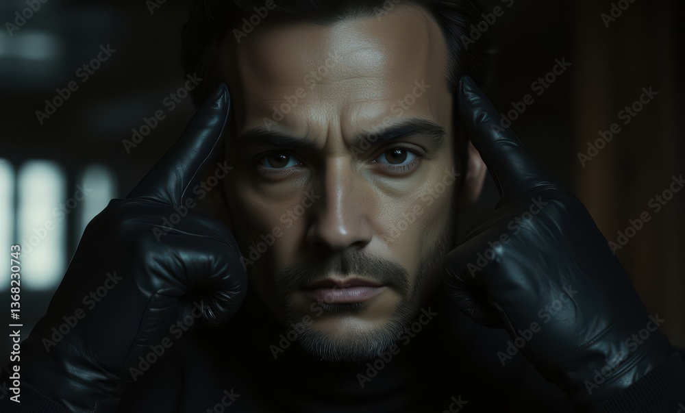 Intense male model in black gloves Intense male model in black gloves