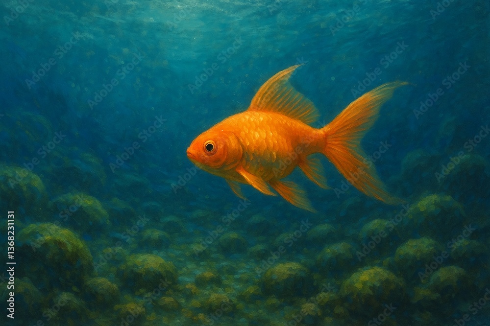 Fototapeta premium Vibrant Orange Goldfish Swimming in Clear Aquatic Environment