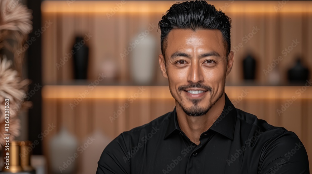 A high-fidelity professional headshot of a smiling Asian man with a neatly styled dark hair against a clean bokeh background ideal for business or corporate use showcasing a A high-fidelity professional headshot of a smiling Asian man with a neatly styled dark hair against a clean bokeh background ideal for business or corporate use showcasing a