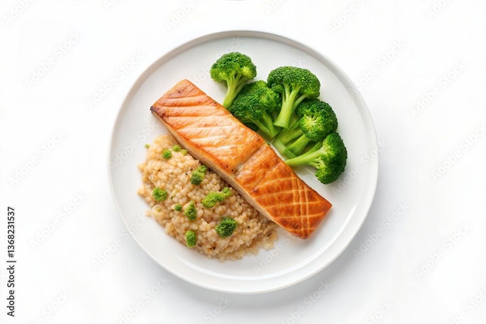 Grilled Salmon Fillet with Broccoli and Couscous on a White Plate Top View Studio Shot Grilled Salmon Fillet with Broccoli and Couscous on a White Plate Top View Studio Shot