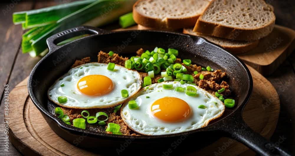 Fried eggs served with bread and leek in a cast iron skillet placed on a wooden board.