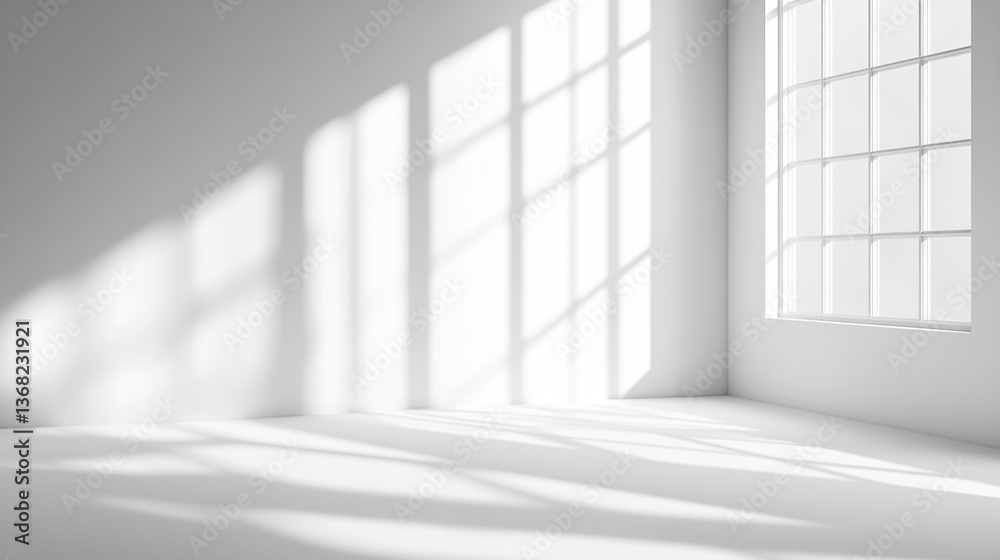 Bright light streaming through windows in an all white room casting shadows on the floor and walls Bright light streaming through windows in an all white room casting shadows on the floor and walls