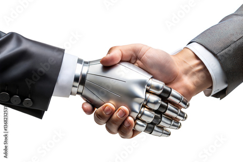 Human Handshake with Robotic Hand Isolated on Transparent Background Technology