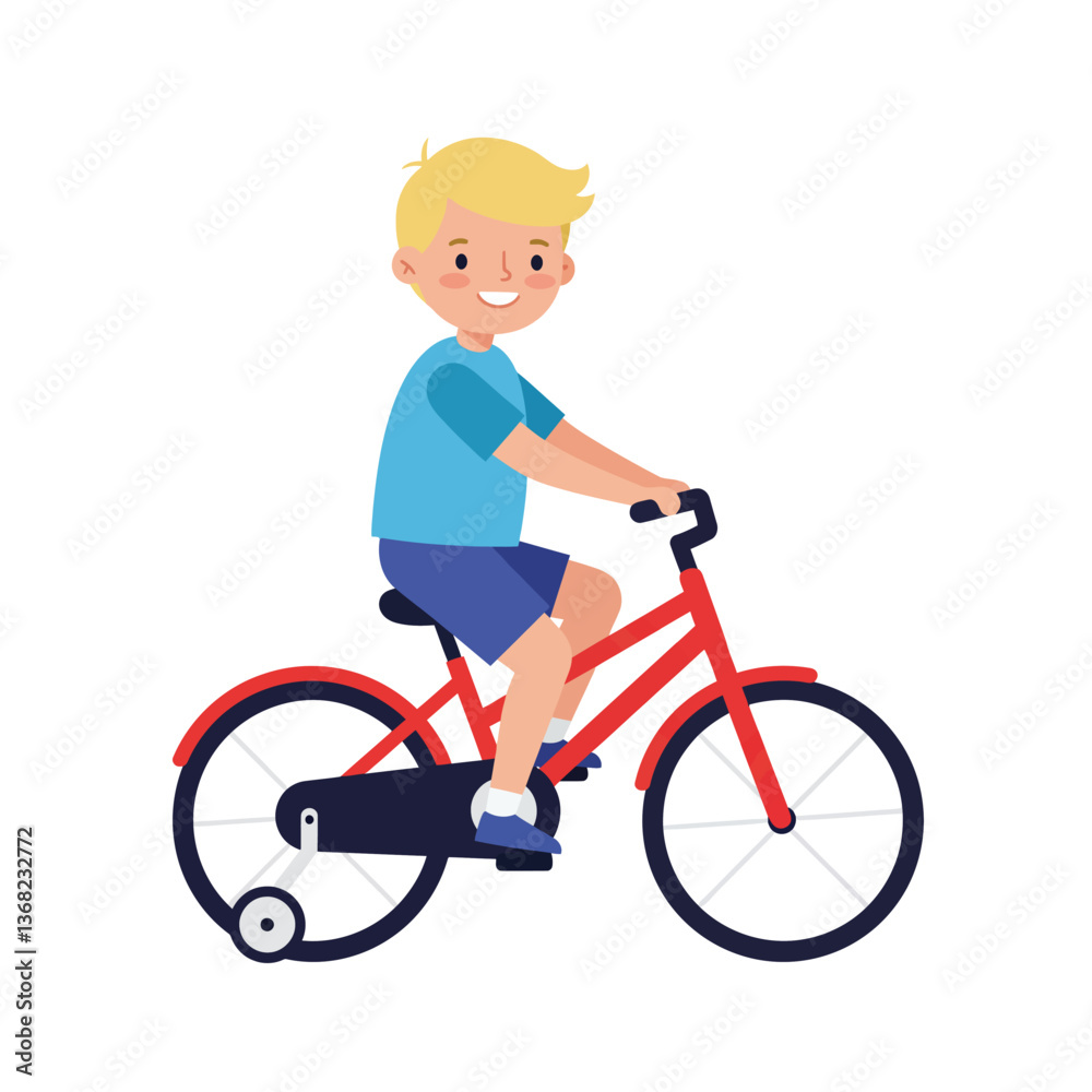 Boy riding a red bicycle in flat design vector art Boy riding a red bicycle in flat design vector art